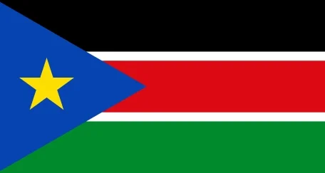 Flag of South Sudan featuring horizontal stripes of black, red, and green, with a blue triangle and a yellow star on the left side.