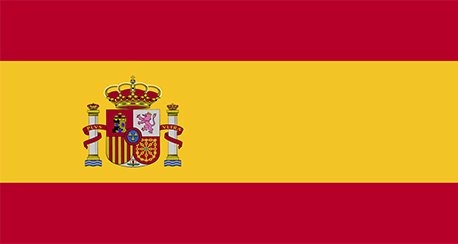 Flag of Spain: three horizontal stripes of red, yellow, and red, with the yellow stripe being twice the height of each red stripe and featuring the national coat of arms on the left side.