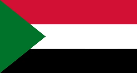 Flag of Sudan featuring three horizontal stripes of red, white, and black, with a green triangle on the left side.