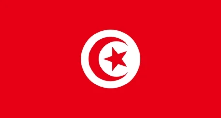 Flag of Tunisia with a solid red background, featuring a white circle in the center with a red crescent and a red five-pointed star inside the circle.