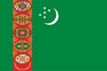 Turkmenistan flag: Green field with a vertical red stripe containing five carpet guls and a white crescent moon with five stars.