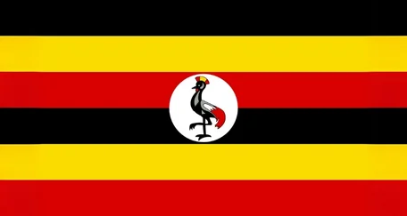 Flag of Uganda, featuring three horizontal stripes of black, yellow, and red, with a white circle in the center displaying a grey crowned crane, symbolizing the country's natural beauty and rich cultural heritage.