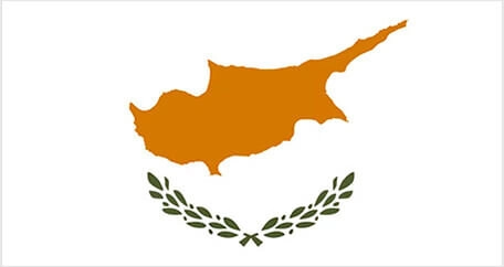 Country flag of Cyprus, featuring a silhouette of the island in copper-orange above two olive branches on a white background.