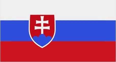 Flag of Slovakia: three horizontal stripes of white, blue, and red from top to bottom, with a coat of arms featuring a double-cross on a blue three-peaked mountain on a red shield near the hoist side.