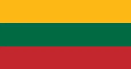 The image is of the flag of Lithuania, consisting of three horizontal stripes of yellow at the top, green in the middle, and red at the bottom.