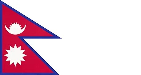 Country flag of Nepal consists of two stacked triangles. The flag is crimson with blue borders. The top triangle features a white moon scattering eight rays, with a crescent attached below. The bottom triangle features a white twelve-rayed sun.