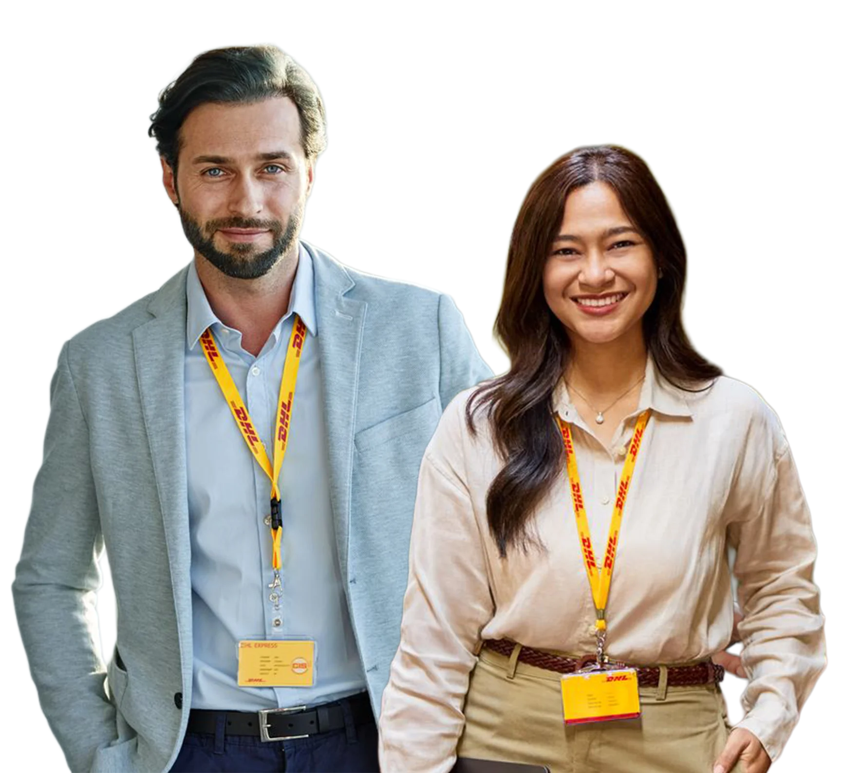 Two healthcare logistics professionals wearing DHL ID badges standing together and smiling.