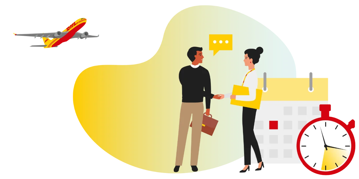 Illustration of a DHL courier holding a parcel beside a large stopwatch, with a world map and a DHL airplane in the background, representing time-critical global delivery.