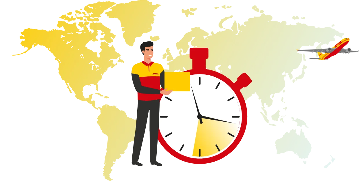 Illustration of a DHL employee assisting a customer, with a calendar, stopwatch, and DHL aircraft symbolising global reach and local logistics expertise.